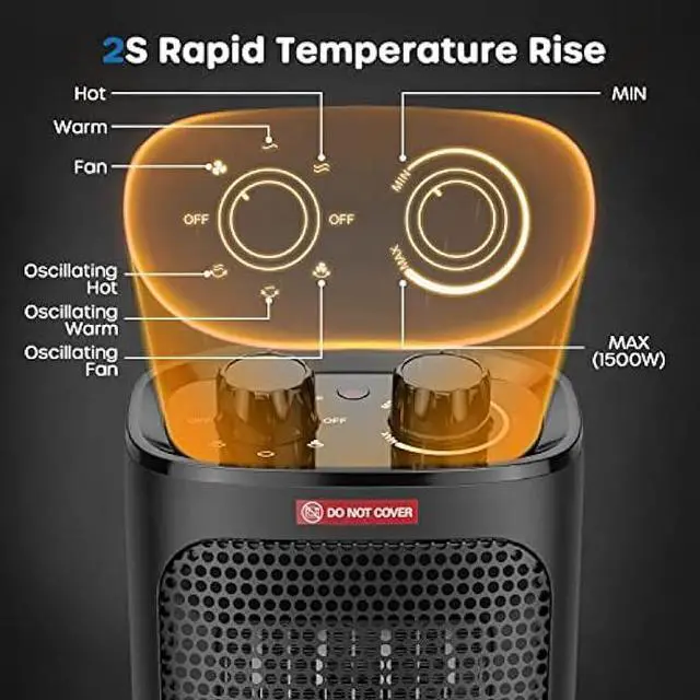 Alt view image 3 of 7 - ECOWELL 1500W Portable Space Heater for Indoor Use, 60°Oscillating,Small Electric Heater Fan with Adjustable Thermostat for Bedroom Office Desk