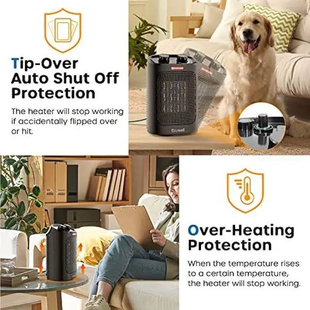 Alt view image 4 of 7 - ECOWELL 1500W Portable Space Heater for Indoor Use, 60°Oscillating,Small Electric Heater Fan with Adjustable Thermostat for Bedroom Office Desk