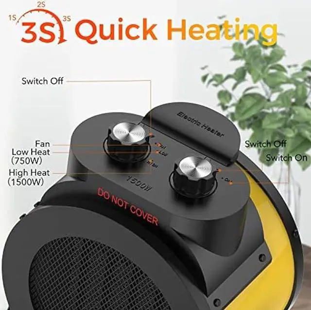 Alt view image 3 of 6 - Space Heaters for Indoor Use, 1500W PTC Electric Heater with 90°Adjustable Angle, Fast Safety Heat, Small Portable Heater for Office Home(Yellow)