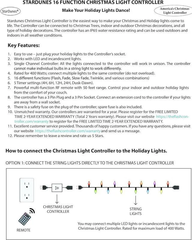 Alt view image 5 of 7 - StarDunes Christmas Light Controller - 16 Dazzling Flash/Fade Functions, 5 Timer Functions, Full Function Remote