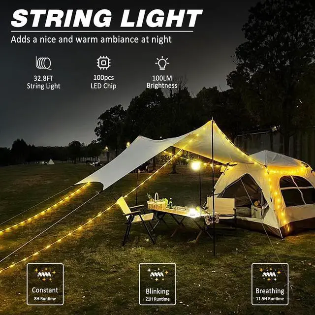 Alt view image 3 of 6 - DIBMS 1-Pack Camping String Light w/Lamp, 32.8FT Rechargeable Waterproof LED Hanging Light for Outdoor Camping Awning Tent Garden Party Festival Decor