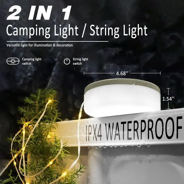 Alt view image 2 of 6 - DIBMS 1-Pack Camping String Light w/Lamp, 32.8FT Rechargeable Waterproof LED Hanging Light for Outdoor Camping Awning Tent Garden Party Festival Decor