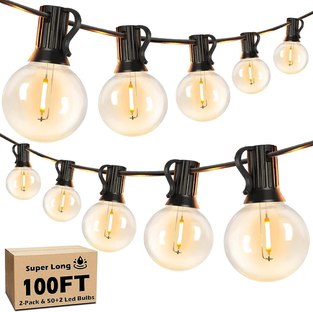 Main image of 100FT LED Outdoor String Lights Patio Light with 52 Shatterproof G40 Dimmable Globe Bulb, 2-Pack 50FT Waterproof Outside Hanging String Light for Christmas Backyard Porch Balcony Gazebo Party