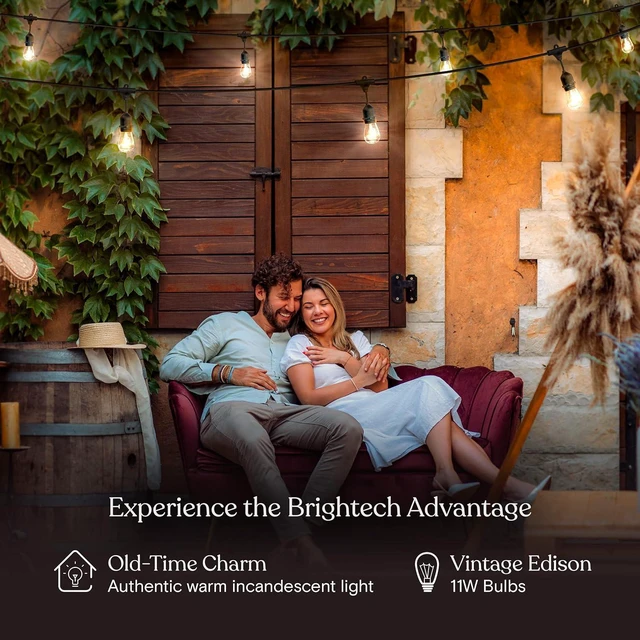Alt view image 5 of 7 - Brightech Ambience Pro Incandescent Outdoor String Lights - Commercial Grade Waterproof Patio Lights with 48 Ft Dimmable Edison Bulbs, Porch String Lights for Patio, Backyard - 15 Bulbs 11W