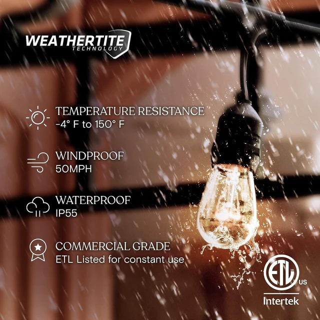 Alt view image 2 of 7 - Brightech Ambience Pro Incandescent Outdoor String Lights - Commercial Grade Waterproof Patio Lights with 48 Ft Dimmable Edison Bulbs, Porch String Lights for Patio, Backyard - 15 Bulbs 11W