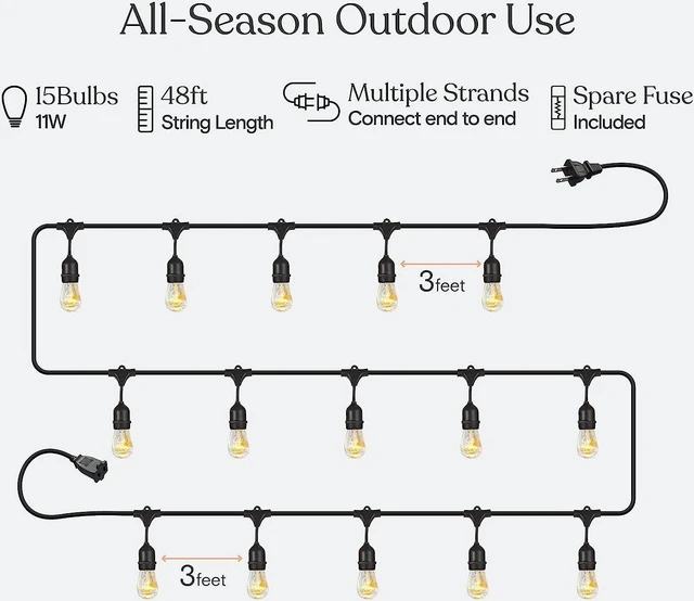 Alt view image 3 of 7 - Brightech Ambience Pro Incandescent Outdoor String Lights - Commercial Grade Waterproof Patio Lights with 48 Ft Dimmable Edison Bulbs, Porch String Lights for Patio, Backyard - 15 Bulbs 11W