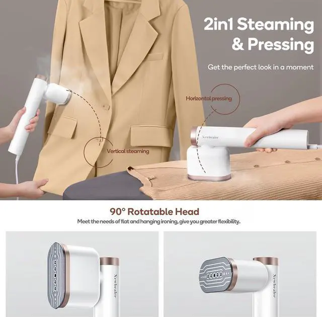 Alt view image 6 of 7 - Newbealer Handheld Steamer for Clothes, Horizontal & Vertical Steaming, Rotatable Dry Ironing, 2 Steam Levels 15s Heat Up, 302 Powerful Clothing Iron w/Silicone Rest, Ironing Glove