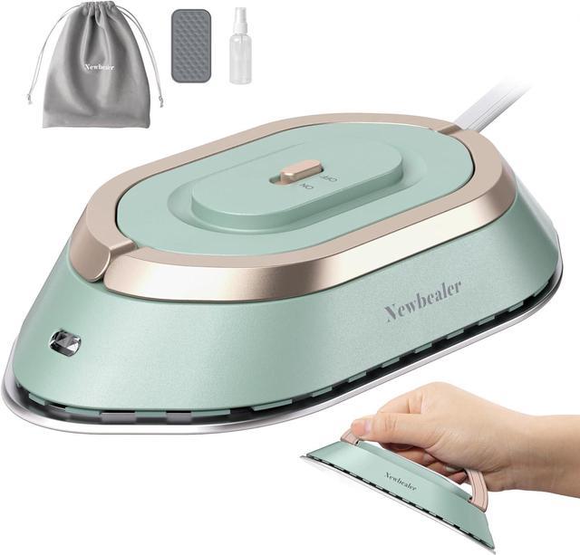 Newbealer Travel Iron with Dual Voltage - 120V/220V Lightweight Dry Iron  for Clothes (No Steam), Non-Stick Ceramic Soleplate, 302 Heat Press  Machine, w/Spray Bottle, Pouch & Silicone Stand, Green 