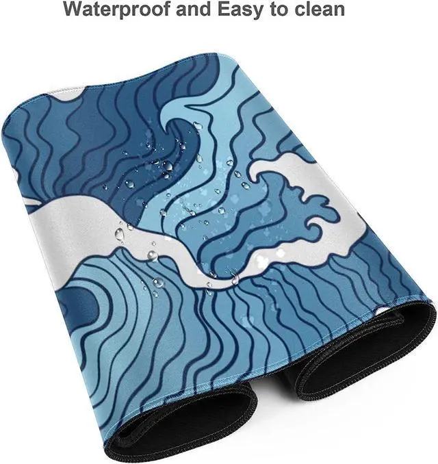 Alt view image 3 of 5 - Japanese Blue and White Wave Gaming Mouse Pad XL Non Slip Rubber Base Mousepad Stitched Edges Desk Pad Extended Large Mice Pad 31.5 X 11.8 Inch