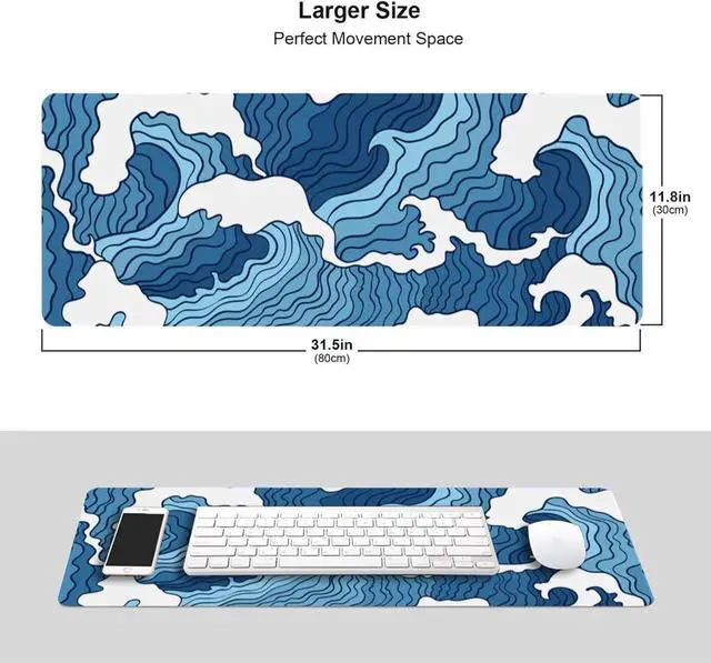 Alt view image 5 of 5 - Japanese Blue and White Wave Gaming Mouse Pad XL Non Slip Rubber Base Mousepad Stitched Edges Desk Pad Extended Large Mice Pad 31.5 X 11.8 Inch