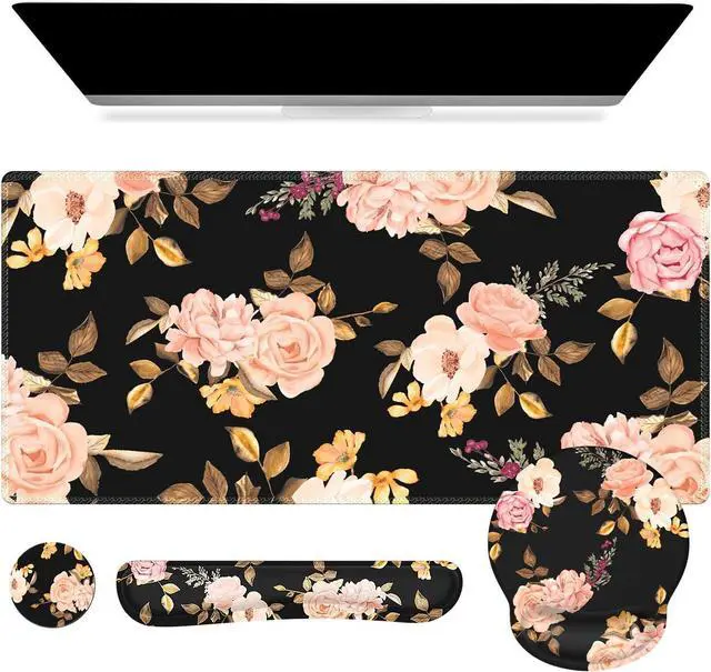 Main image of iCasso Floral 4in1 Computer Mat, 35.4"x15.7" Work Mat for Computer | Retro Ergonomic Desk Pad Including Keyboard Wrist Rest, Mousepad Set for Teacher Cubicle Office Computer Setup