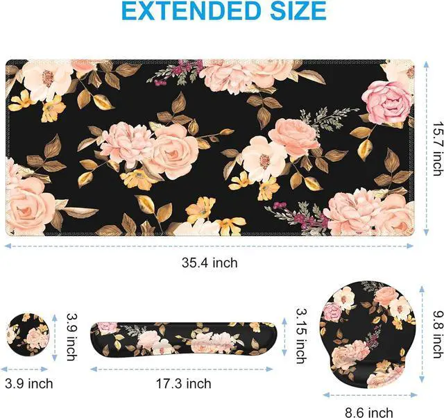 Alt view image 2 of 7 - iCasso Floral 4in1 Computer Mat, 35.4"x15.7" Work Mat for Computer | Retro Ergonomic Desk Pad Including Keyboard Wrist Rest, Mousepad Set for Teacher Cubicle Office Computer Setup