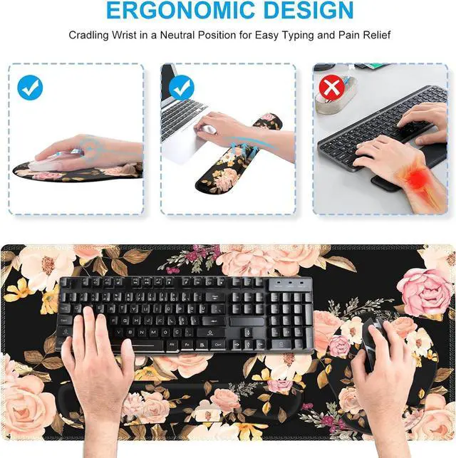 Alt view image 3 of 7 - iCasso Floral 4in1 Computer Mat, 35.4"x15.7" Work Mat for Computer | Retro Ergonomic Desk Pad Including Keyboard Wrist Rest, Mousepad Set for Teacher Cubicle Office Computer Setup