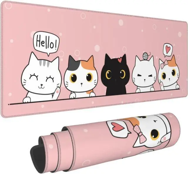 Main image of Pink Cute Kittens Cat Gaming Mouse Pad XL, Non Slip Rubber Base Mousepad, Stitched Edges Desk Pad, Extended Large Mice Pad,31.5 X 11.8 Inch
