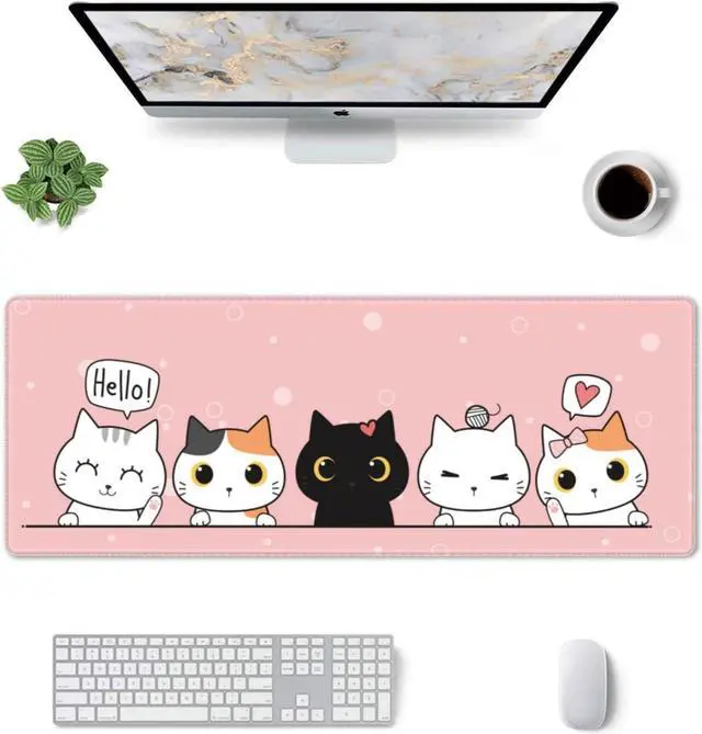 Alt view image 3 of 7 - Pink Cute Kittens Cat Gaming Mouse Pad XL, Non Slip Rubber Base Mousepad, Stitched Edges Desk Pad, Extended Large Mice Pad,31.5 X 11.8 Inch