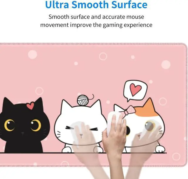 Alt view image 6 of 7 - Pink Cute Kittens Cat Gaming Mouse Pad XL, Non Slip Rubber Base Mousepad, Stitched Edges Desk Pad, Extended Large Mice Pad,31.5 X 11.8 Inch