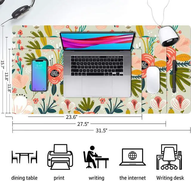 Alt view image 2 of 7 - Floral Desk Mat, Large Non-Slip Leather Desk Pad Green 23.6"x11.8" | Anti-Slip Computer PC Laptop Protector Gaming Mouse Pads for Office Home Decorations