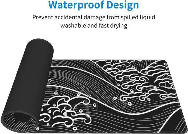 Alt view image 4 of 6 - Japanese Wave Black and White Gaming Mouse Pad XL Large Non Slip Rubber Mousepad Stitched Edges Desk Pad Long Extended Mice Pad 31.5 X 11.8
