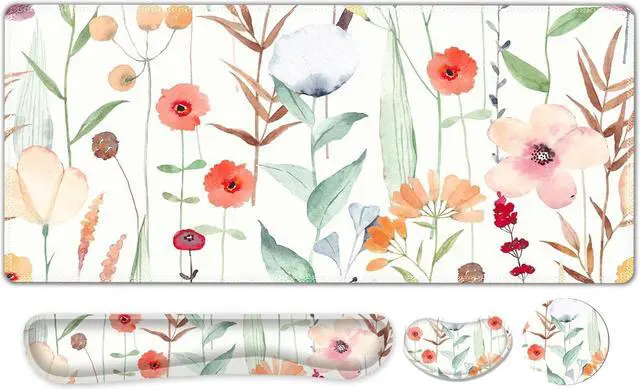Main image of Large Gaming Mouse Pad Set, 4 in 1 Extended Keyboard Desk Mat with Wrist Rest, PC Computer Game Mousepad Set, Non-Slip Desk Pad Easy Typing Pain Relief for Home Office I Orange Flowers