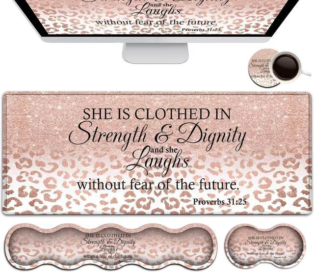 Main image of Large Mouse Pad, Office Desk Pad,Laptop Desk Table Protector Writing Mat, Ergonomic Extended Pink Leopard Mouse Pad, Keyboard Wrist Rest Support Set,Proverbs 31:25 Verse Desk Mat Gaming Mouse Pad