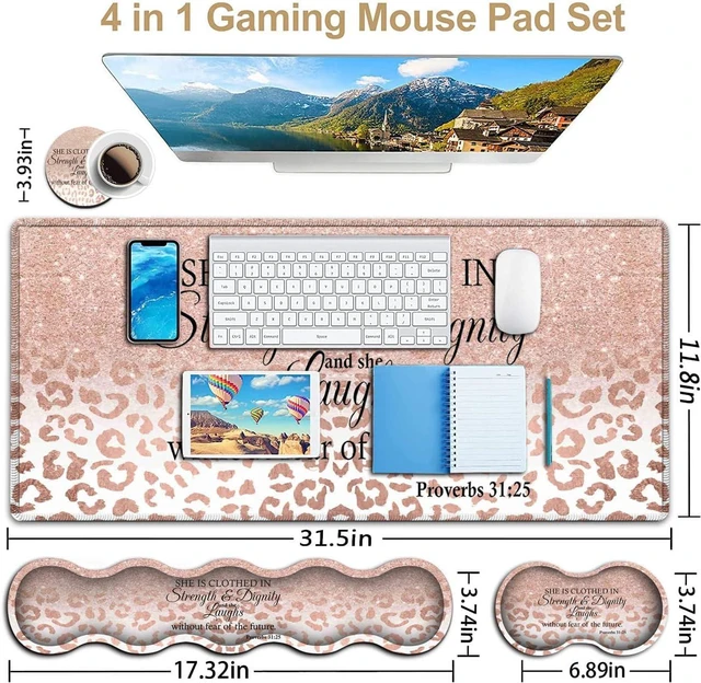 Alt view image 3 of 7 - Large Mouse Pad, Office Desk Pad,Laptop Desk Table Protector Writing Mat, Ergonomic Extended Pink Leopard Mouse Pad, Keyboard Wrist Rest Support Set,Proverbs 31:25 Verse Desk Mat Gaming Mouse Pad