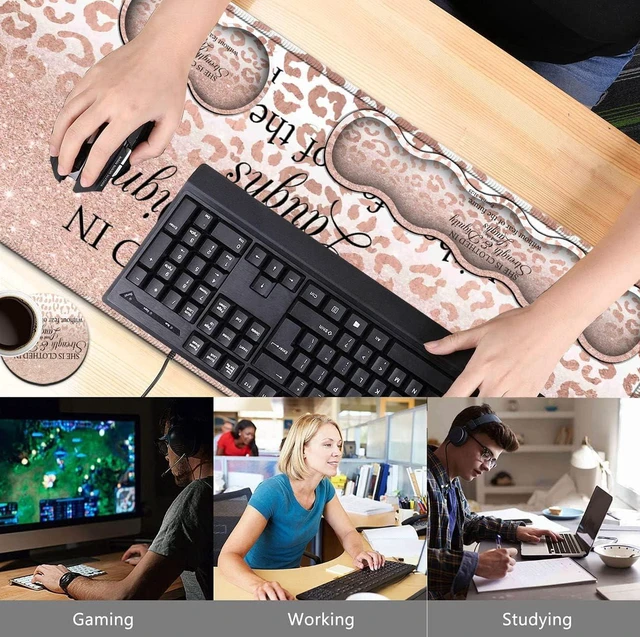 Alt view image 2 of 7 - Large Mouse Pad, Office Desk Pad,Laptop Desk Table Protector Writing Mat, Ergonomic Extended Pink Leopard Mouse Pad, Keyboard Wrist Rest Support Set,Proverbs 31:25 Verse Desk Mat Gaming Mouse Pad