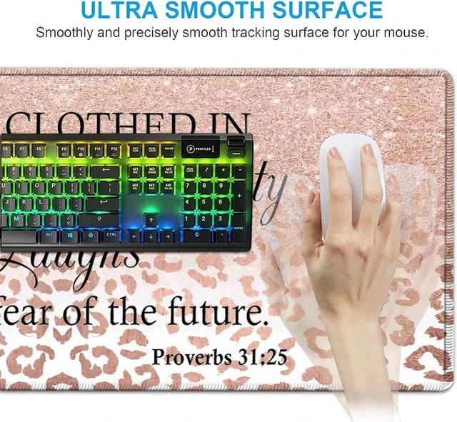 Alt view image 5 of 7 - Large Mouse Pad, Office Desk Pad,Laptop Desk Table Protector Writing Mat, Ergonomic Extended Pink Leopard Mouse Pad, Keyboard Wrist Rest Support Set,Proverbs 31:25 Verse Desk Mat Gaming Mouse Pad