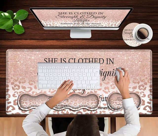 Alt view image 4 of 7 - Large Mouse Pad, Office Desk Pad,Laptop Desk Table Protector Writing Mat, Ergonomic Extended Pink Leopard Mouse Pad, Keyboard Wrist Rest Support Set,Proverbs 31:25 Verse Desk Mat Gaming Mouse Pad