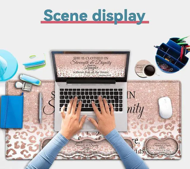 Alt view image 7 of 7 - Large Mouse Pad, Office Desk Pad,Laptop Desk Table Protector Writing Mat, Ergonomic Extended Pink Leopard Mouse Pad, Keyboard Wrist Rest Support Set,Proverbs 31:25 Verse Desk Mat Gaming Mouse Pad