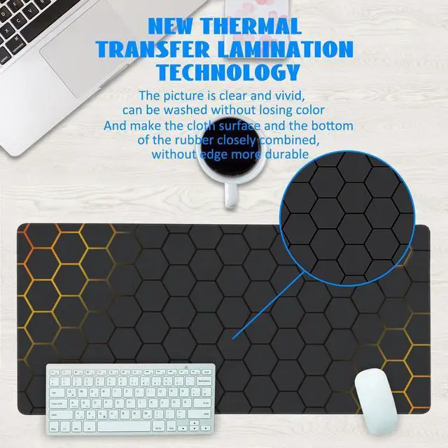Alt view image 3 of 7 - Desk Mat, Black Gold Honeycomb Technology Extended Gaming Mouse Pad Large, 35.4"x15.7" Big Mouse Pad with Non-Slip Base and Stitched Edge, Long Computer Keyboard Mouse Mat for Home Office Work