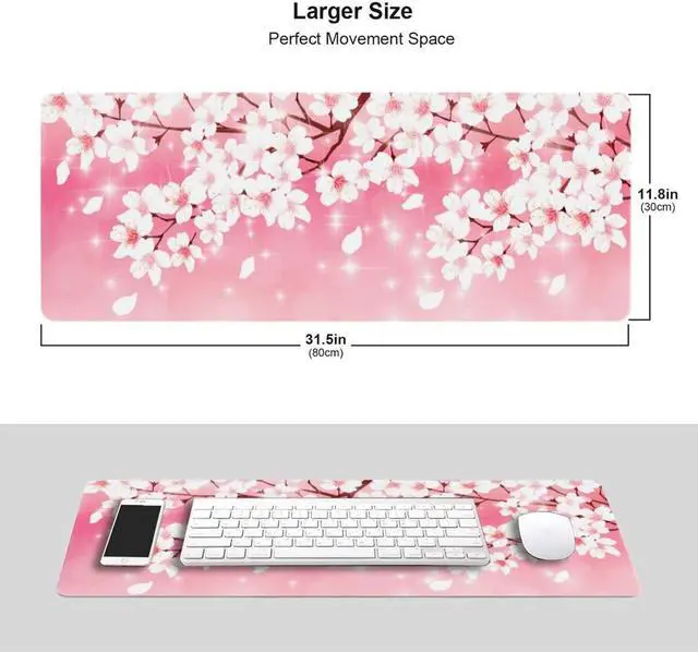 Alt view image 5 of 5 - Pink Cherry Blossoms Gaming Mouse Pad XL, Large Non Slip Rubber Mousepad, Stitched Edges Desk Pad, Long Extended Mice Pad,31.5'' X 11.8''