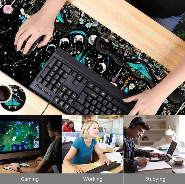 Alt view image 2 of 7 - Large Mouse Pad, Ergonomic Mouse Wrist Support + Keyboard Wrist Rest Set+ Extended Gaming Mouse Pad Moth Moon Phase Witchy Office Desk Mat Black Writing Mat Laptop Protector Accessories Desk Pad