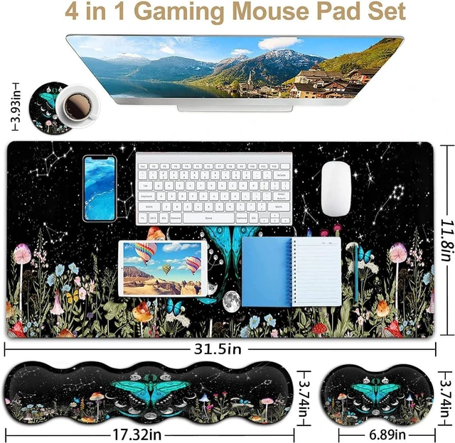 Alt view image 3 of 7 - Large Mouse Pad, Ergonomic Mouse Wrist Support + Keyboard Wrist Rest Set+ Extended Gaming Mouse Pad Moth Moon Phase Witchy Office Desk Mat Black Writing Mat Laptop Protector Accessories Desk Pad
