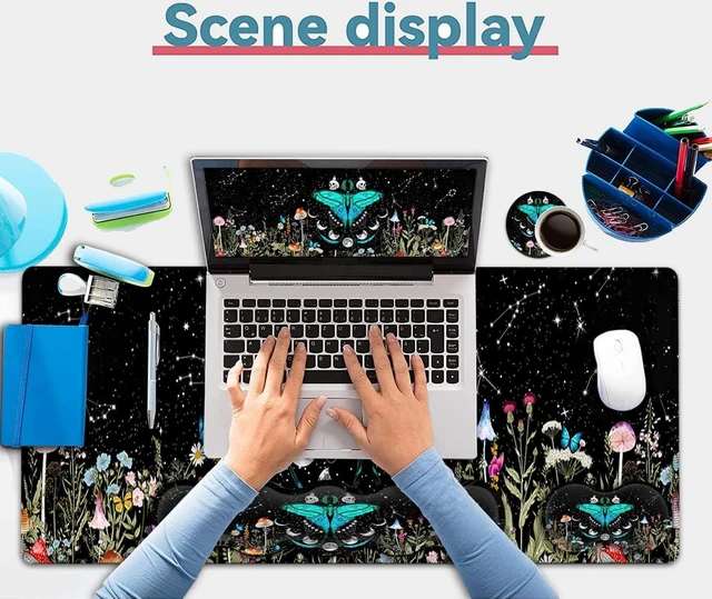 Alt view image 7 of 7 - Large Mouse Pad, Ergonomic Mouse Wrist Support + Keyboard Wrist Rest Set+ Extended Gaming Mouse Pad Moth Moon Phase Witchy Office Desk Mat Black Writing Mat Laptop Protector Accessories Desk Pad