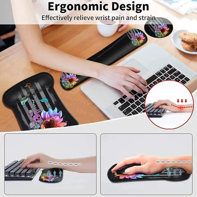 Alt view image 2 of 7 - Mouse Pad with Wrist Support Gaming Mousepad Office Easy Typing Games to Relieve Fatigue Non-Slip Base, Colorful Sunflower Skull Pattern Desktop Decoration, Soft Memory Foam Keyboard Wrist Support