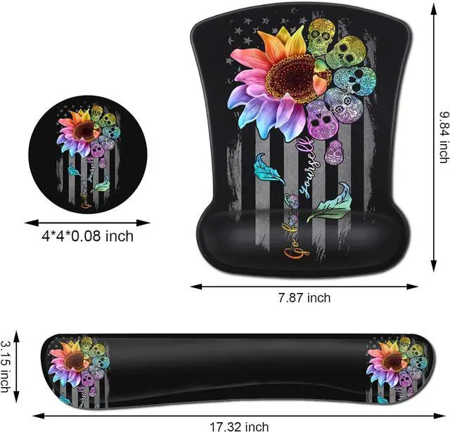 Alt view image 5 of 7 - Mouse Pad with Wrist Support Gaming Mousepad Office Easy Typing Games to Relieve Fatigue Non-Slip Base, Colorful Sunflower Skull Pattern Desktop Decoration, Soft Memory Foam Keyboard Wrist Support