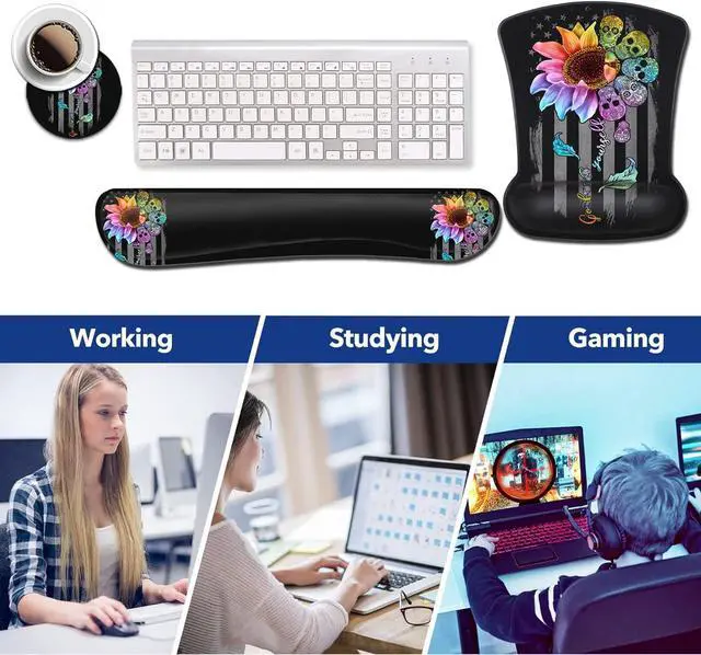 Alt view image 6 of 7 - Mouse Pad with Wrist Support Gaming Mousepad Office Easy Typing Games to Relieve Fatigue Non-Slip Base, Colorful Sunflower Skull Pattern Desktop Decoration, Soft Memory Foam Keyboard Wrist Support
