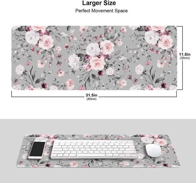 Alt view image 6 of 6 - Rose Theme Large Gaming Mouse Pad with Stitched Edges, Non-Slip Rubber Base, Waterproof Desk Writing Pad for Office Home Gamer