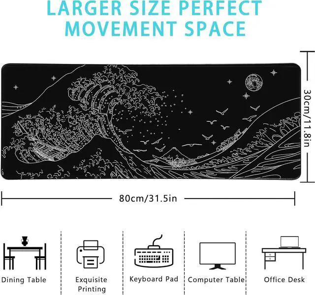 Alt view image 4 of 7 - ? Large Gaming Mouse Pad for Computer Black Japanese Sea Wave Anime Mouse Mat Long XXL Waterproof Keyboard Pads Big Non-Slip Mouse Pads for Game Office Home31.5 x 11.9 in
