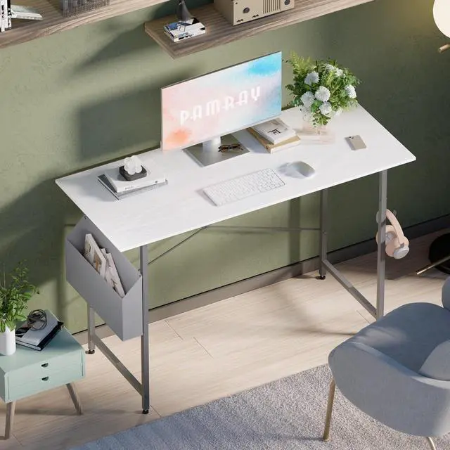 Alt view image 2 of 6 - Pamray 47 Inch Computer Desk for Small Spaces with Storage Bag, Home Office Work Desk with Headphone Hook, Small Office Desk Study Writing Table
