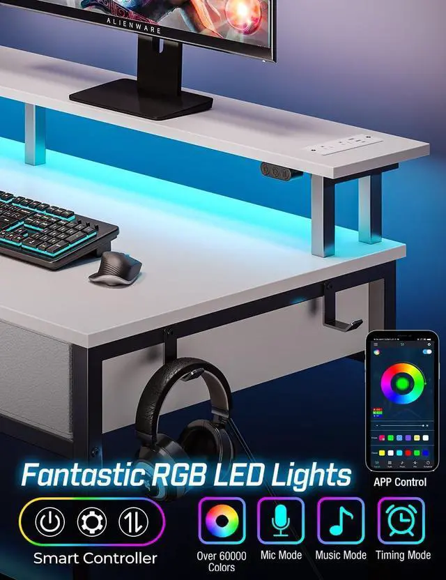 Alt view image 4 of 7 - Computer Desk with Power Outlets & LED Light, 47 inch Home Office Desk with Drawers and Storage Shelves, Writing Desk with Monitor Stand, Modern Work Study Desk for Home Office, White