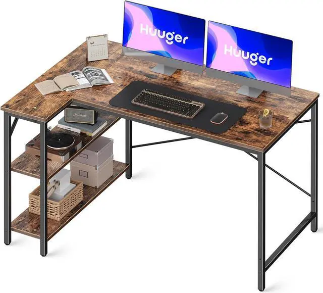 Main image of Huuger L Shaped Computer Desk with Reversible Storage Shelves, Gaming Corner Desk for Home Office, Writing Study Desk with Metal Frame, Rustic Brown