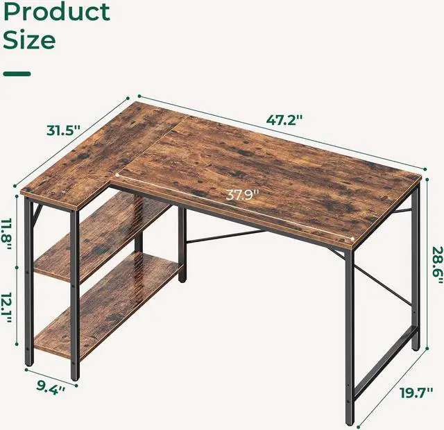 Alt view image 3 of 7 - Huuger L Shaped Computer Desk with Reversible Storage Shelves, Gaming Corner Desk for Home Office, Writing Study Desk with Metal Frame, Rustic Brown