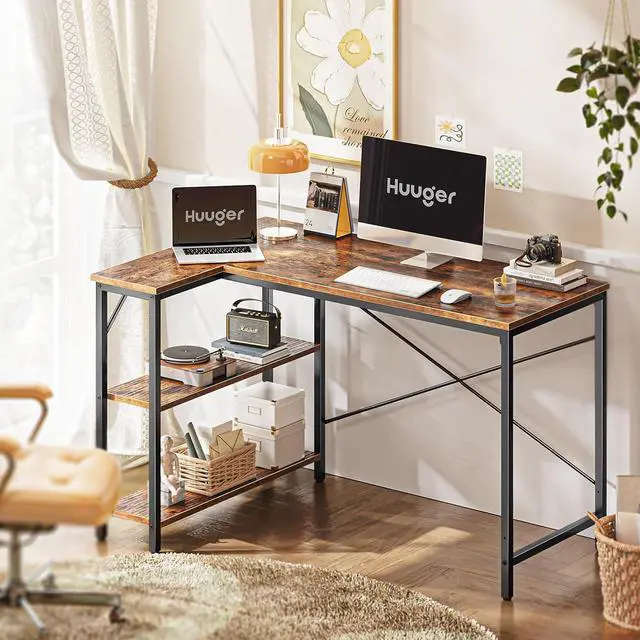 Alt view image 2 of 7 - Huuger L Shaped Computer Desk with Reversible Storage Shelves, Gaming Corner Desk for Home Office, Writing Study Desk with Metal Frame, Rustic Brown