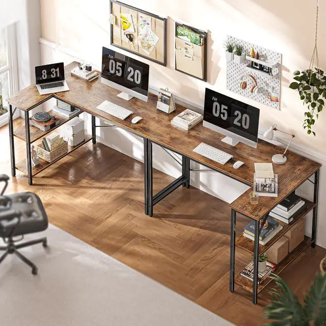 Alt view image 5 of 7 - Huuger L Shaped Computer Desk with Reversible Storage Shelves, Gaming Corner Desk for Home Office, Writing Study Desk with Metal Frame, Rustic Brown