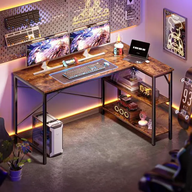 Alt view image 6 of 7 - Huuger L Shaped Computer Desk with Reversible Storage Shelves, Gaming Corner Desk for Home Office, Writing Study Desk with Metal Frame, Rustic Brown