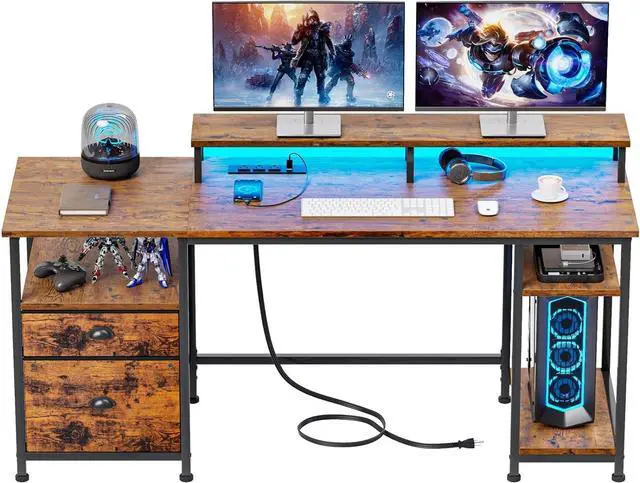 Main image of 61" Computer Desk with Power Outlet and USB Ports, Large Desk with Shelves and Drawer, Writing Study Desk with Fabric File Cabinet and Long Monitor Stand, Gaming Desk for Home Office