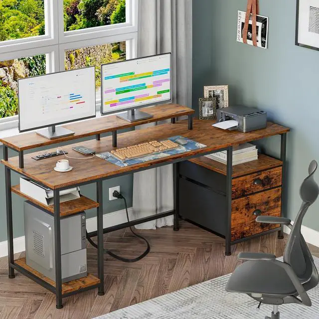 Alt view image 2 of 7 - 61" Computer Desk with Power Outlet and USB Ports, Large Desk with Shelves and Drawer, Writing Study Desk with Fabric File Cabinet and Long Monitor Stand, Gaming Desk for Home Office