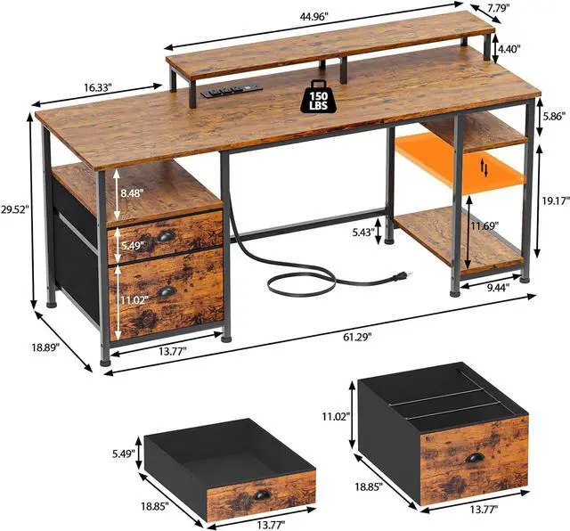 Alt view image 3 of 7 - 61" Computer Desk with Power Outlet and USB Ports, Large Desk with Shelves and Drawer, Writing Study Desk with Fabric File Cabinet and Long Monitor Stand, Gaming Desk for Home Office