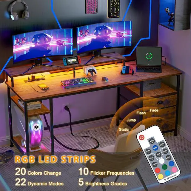 Alt view image 4 of 7 - 61" Computer Desk with Power Outlet and USB Ports, Large Desk with Shelves and Drawer, Writing Study Desk with Fabric File Cabinet and Long Monitor Stand, Gaming Desk for Home Office
